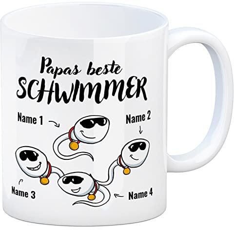 Papas beste Schwimmer Sperma Kaffeetasse - personalisiert mit euren Namen - Kaffeebecher für Dad zum Vatertag oder Herrentag versaute Überraschung zum Geburtstag von Kindern Tochter Sohn oder Familie