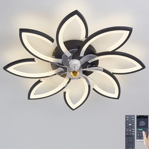 Narwhal Leise Deckenventilator mit Beleuchtung Dimmbar LED Deckenleuchte Ventilatorlicht Modern Wohnzimmerlampe Schlafzimmer Küche Esszimmer Lampen mit Ventilator (Schwarz, 8 Flammen & 7 Blätter)