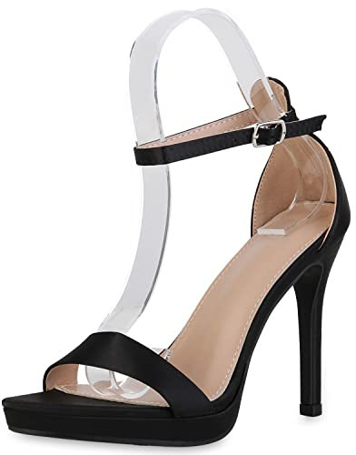 VAN HILL Damen High Heels Sandaletten Stiletto Satinoptik Absatzschuhe Elegante Party Schuhe Plateau Vorne Freizeitschuhe 212659 Schwarz 40