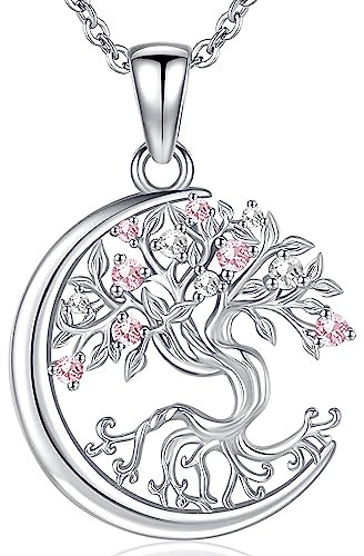 Odinstone Collier arbre de vie pour femmes, Collier de pierres de naissance en argent sterling S925 Pendentif Lune Cadeaux de Noël pour les femmes Cadeaux de Noël pour les femmes