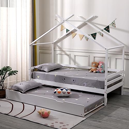SlumberWorx Teddy Kids Wooden House Treehouse Single Bed Frame In White/Grey & Optional Guest Trundle & Mattress (White With Guest Trundle, 2 x 10cm Comfort Foam Mattress)