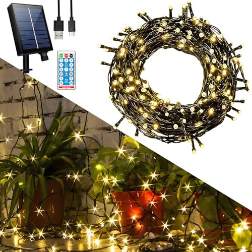 Hopelit Solar Lichterkette Aussen 10M 100 LED Warmweiß mit Fernbedienung und Timer, 8 Modi, Lichterkette Außen Solar für Gartendeko, Terrassen, Halloween, Weihnachtsbaum, Party, Etc