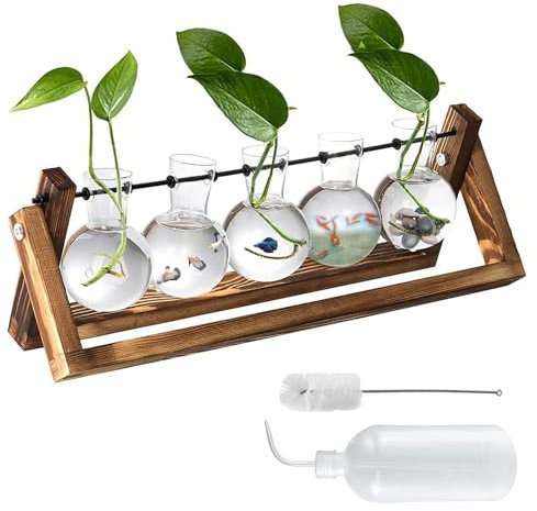 Desktop Glass Vase Bulb, Vase Plant Terrarium with Vintage Wooden Stand, Propagation Station with Metal Rotating Rod, Desktop Glass Planter Bulb Vase for Hydroponics Plants Home Garden(5 Bulb Vase)