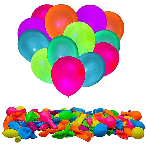 Fasent-Party® Bunte Neon-Ballons aus Latex, leuchtend bei UV Schwarzlicht, gemischte Farben, 5 farbig, 100 Stück