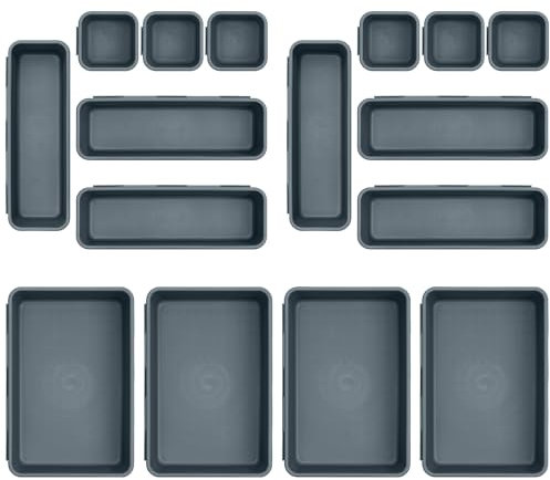 Mutsitaz Set of 16 Desk Drawer Organiser Dividers with Silicon Pads, Storage Plastic Trays, 3 Sizes to Organise Your Makeup, Vanity, Dressing Table & Office, (Dark Grey)