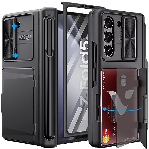 Vihibii pour Coque Samsung Z Fold 5 avec Porte-S Pen & Porte-Cartes & Protection pour Appareil Photo & Film de Protection d'écran & Protection de la Charnière, Antichoc pour Galaxy Z Fold 5, Noir