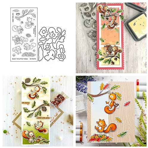 Sredwtk Eichhörnchen Herbst Stanzschablonen und Stempelset,Stempel und Stanzen Set,Silikonstempel und Stanzen Set,Clear Stamp und Stanzschablone Für DIY Scrapbooking Fotoalbum Dekor Karten
