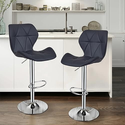 Lot de 2 Tabourets de Bar, Chaises Haut, Hauteur Réglable, Revêtement en PU, Rotatif sur 360°, avec Dossier et Repose-Pieds, Pied Chromé, 49 x 35 x 107-127 cm (Noir)