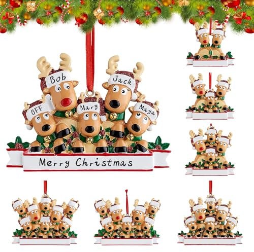 2025 Christmas Reindeer Family Decorations, Personalized DIY Ceramic Christmas Ornaments Tree Hanging Pendant Family of 2,3,4,5,6,7,8, Xmas Decor Gifts for Home (Family of 5)