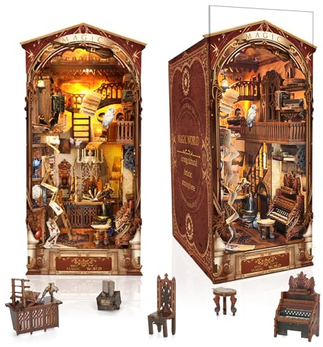 DIY Book Nook Kit,New DIY Dollhouse Booknook Bookshelf Insert Decor,3D Wooden Puzzles with LED,Book Nook Miniature Kit,Birthday Easter Home Decor for Teens Adult-Magic World