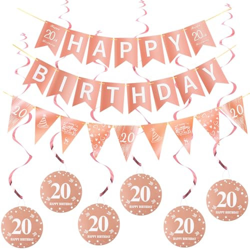 Happy 20th Birthday Banner +Dreiecksflaggen Happy Birthday Girlanden+ 20 Geburtstag Hängedeko Spiralen Set, Rosegold 20.Geburtstag deko für Mädchen,20. Geburtstag Mädchen Hängedeko Deckenhänger