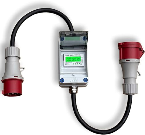 Mobile Stromzähler Box mit CEE 16A Stecker und Kupplung, Digitaler Zwischenzähler mit Reset-Funktion, Spritzwassergeschützt, Wartungsfrei, Ideal für Camping, E-Auto, Baustelle