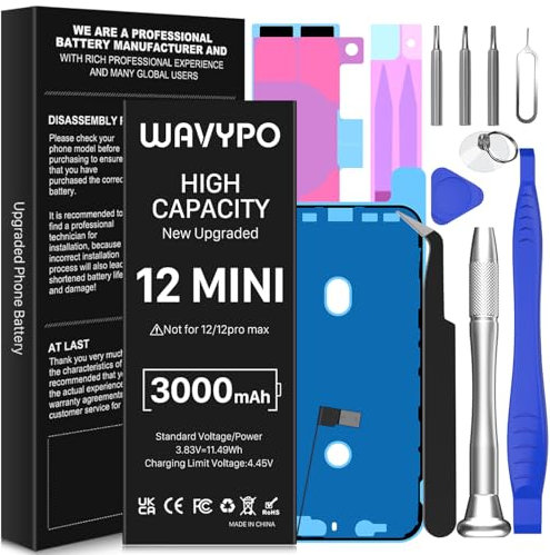 Akku für iPhone 12 Mini, Wavypo 3000mAh Hohe Kapazität 0 Zyklus Akku Ersatz für iPhone 12 Mini A2176 A2398 A2400 A2399 mit Full Replacement Tool Kit