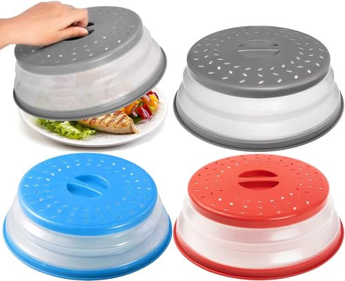 Cubierta de Alimentos de Microondas, 3 Piezas Colador Plegable con Orificio de Vapor, Tapa para Microondas y Canasta de Filtro para Frutas Verduras, 3 Colores