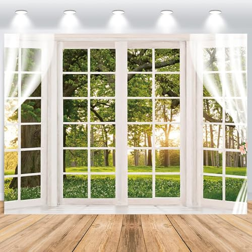 ASDCXZ Frühling Fenster Fotohintergrund 2.2x1.5m, Natur Landschaft Grün Wald Garten Baum Fotografie Hintergrund für Kinder Geburtstag Hochzeit Babyparty Outdoor Party Dekoration Studio Requisiten