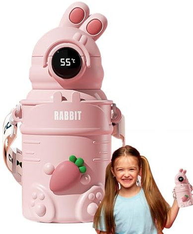 Bottiglia d'acqua in paglia, bottiglia d'acqua in acciaio inossidabile con cannuccia - Bottiglia d'acqua isolata sotto vuoto da 500 ml in acciaio inossidabile | Drinkare leggero con display digitale d