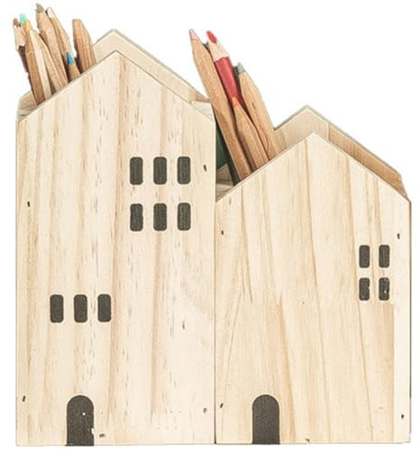 Muteitt Wooden Pencil Holder for Desk, Wood Pen Holder, House Shaped Table Organizer Pencil Cup Pot Stationery Organizer for Office Home