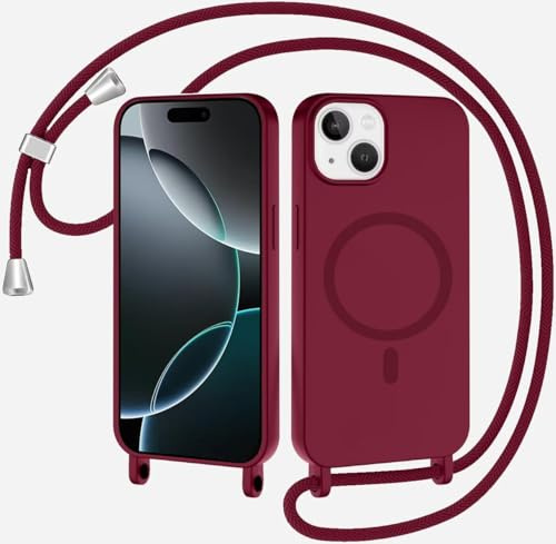 SLWYF Magnetische Handykette für iPhone 13 Mini Hülle mit Band, Handyhülle Kompatibel mit MagSafe, Silikon Seil Necklace Handyhülle PU Stoßfest mit Abnehmbar Kordel zum Umhängen Case - Rot