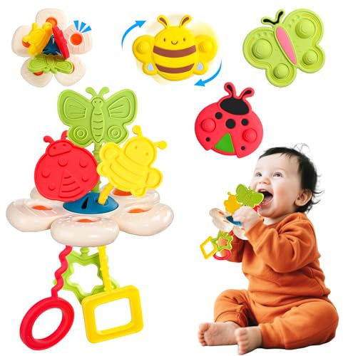 Fajiabao Jouet Bebe 1 an 2 en 1 Jeux Montessori Sensoriel Bebe (Spinner Ventouse & Tirette Animaux) | Jouet Bain & Dentition Bébé | Chaise Haute Cadeau Enfant 6-12 Mois Filles Garçons