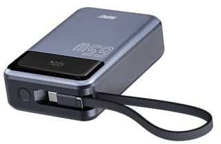 AMG-CT EV200 Power Bank, 20000mAh, 65W Fast Charging, Built-in Type-C Cable, 3 USB Ports, Grey