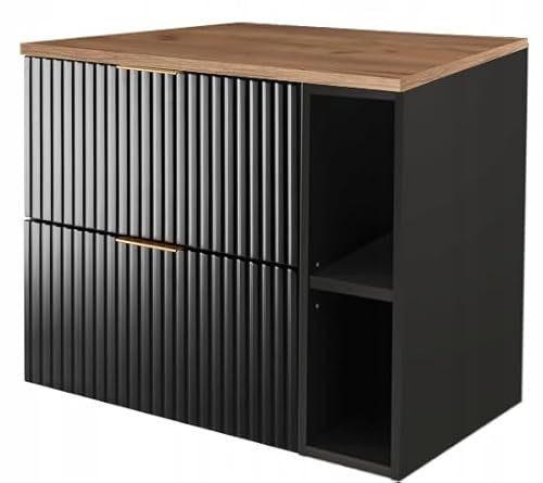 Rodan Waschbeckenunterschrank Shwarz & Eiche Craft - Badezimmer Unterschrank - ABS Kanten Schutz - Hängend, Elegantes Design, Platzsparend - Badunterschrank mit Soft Close Schubladen 46 x 80 x 57 cm