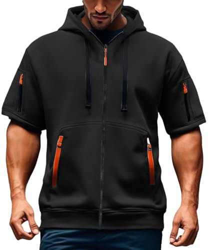 LILIHOT Herren Kurzarm Kapuzenpullover Casual T-Shirts mit Kordelzug Kapuze Jacke Reißverschluss Taschen Pullover Bequeme Baggy Sommerhoodie Atmungsaktives Kurzarmhemd(#C Black,XXL)
