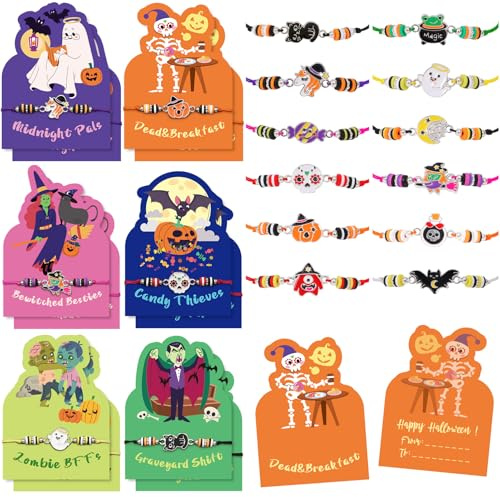 G.C 12 Stück Halloween Armbänd Kinder Set, Verstellbares Armbander Kinder mit Karte, Kürbis Geist Handgefertigt Gewebte Armband, Halloween Freundschaftsarmbänder für Junge Mädchen