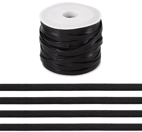 Beadthoven flache, gewachste Schnur, 4 mm breit, flach, gewachst, Polyester-Faden, geflochtene Schnur zum Weben, Makramee, Basteln, Armband, Halskette, Choker, Schmuckherstellung, 9,1 m, Schwarz