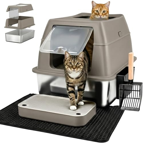 Katzenklo Edelstahl mit Deckel XXL – Geschlossene Katzentoilette mit 2 Eingängen, Trittstufe, Schaufel & Matte – Leicht zu Reinigen, Geruchshemmend, Cat Litter Box für große Katzen, Braun