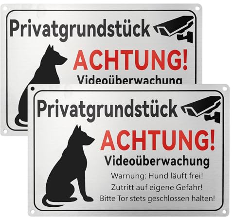 2 Stück Freilaufender Hund Schild Warnschild,30x20cm Aluminium Hund Videoüberwacht,Selbstklebende Warnschilder mit Selbstbohrenden Löchern,Videouberwachung Privatgrundstuck