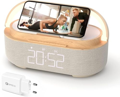 COLSUR Réveil Radio Enceinte Bluetooth Charge sans Fil avec Lampe | Multifonctionnel Station de Charge avec Port de Chargeur USB, Enceinte Bluetooth, Lampe avec Support de Téléphone Portable