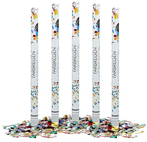 Relaxdays 5 x Party Popper 80 cm im Konfettikanonen Set, Konfetti Bombe für Hochzeit und Geburtstag, Konfetti Shooter 6-8 m Effekthöhe, bunt metallic