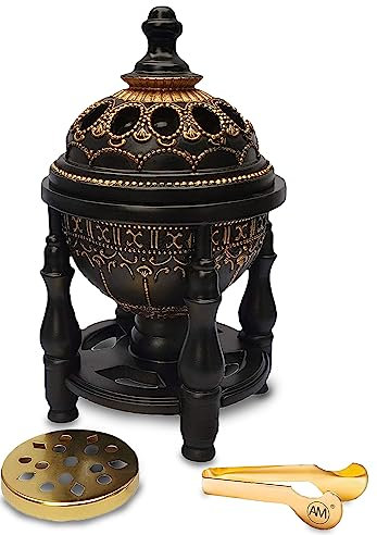 AM Incense Burner Charcoal Bakhoor Burner Frankincense Resin - Height 7.28 Inches Lavish 4P Black