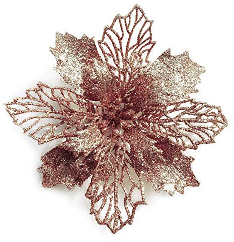 GL-Turelifes Lot de 12 Fleurs Poinsettia artificielles à Paillettes pour Sapin de Noël, 16 cm de diamètre, avec 12 Attaches Vertes Douces (Or Rose)