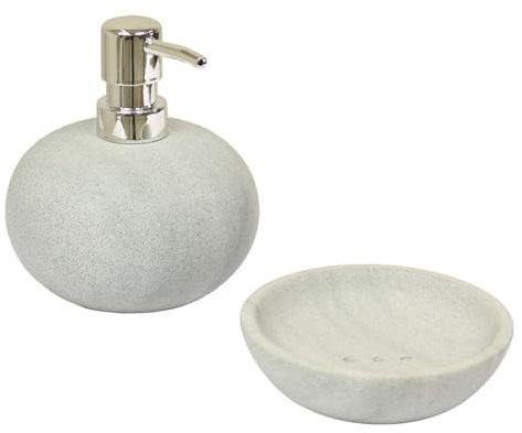 2er Badezimmer Set Seifenspender aus Basanit mit Seifenschale Naturstein Stein Bad Deko Steinseifenspender Hellgrau Natur Nr. 7