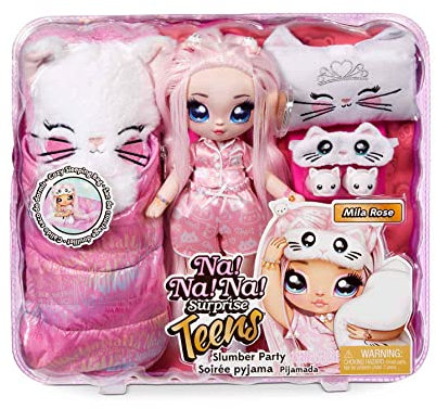 Na! Na! Na! Surprise Teens Slumber Party Moda Mila Rose-Juguete para niños-Coleccionable-Muñeca de Tela de 27 cm, Inspirada en un Gatito Persa-Pelo Rosa, Color, 28 CM (MGA Entertainment 577423C3)