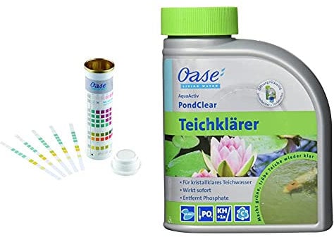 Oase 50570 AquaActiv QuickSticks 6in 1 50 Stück - Wasseranalyse Teststreifen für Teichwasser aus Gartenteich Fischteich Koiteich Schwimmteich Pool & 43140 AquaActiv PondClear Teichklärer 500 ml