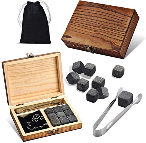 4-TLG SET Whisky Steine mit Holzkiste - 9x Kühlsteine + 1x Edelstahlzange + 1x Beutel - kein verwässern - für Liebhaber von Whisky, Scotch, Bourbon, Gin - eiskalte Getränke - Eiswürfel - Geschenkidee