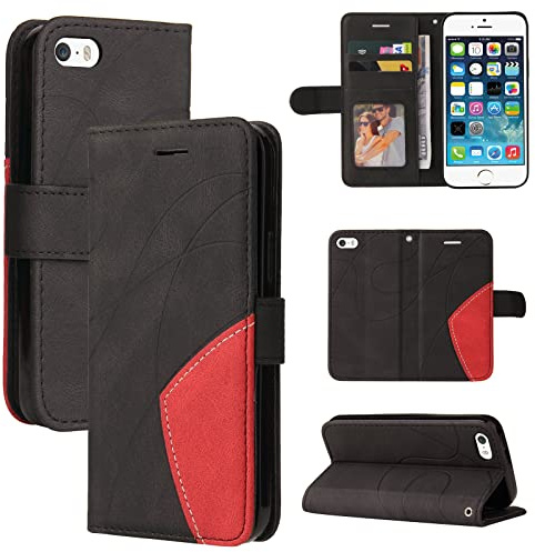 CXTcase Handyhülle für iPhone 5S,Flip PU Hülle Cover Case,Modisch Flip für iPhone 5Se Handytasche Schutzhülle Hülle Leder,Schwarz