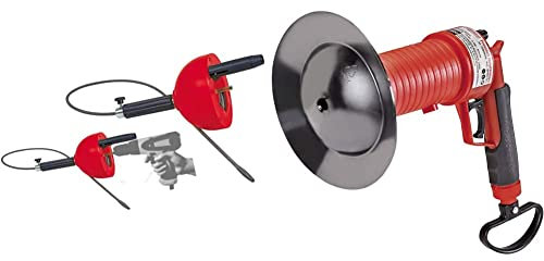 ROTHENBERGER Industrial Rohrreinigungsspirale 4,5 m lang & Akkuschrauber, rot 072990E & Pressluft Rohrreiniger inkl. 4 Gummiadapter, Rohr frei in Bad, Küche, WC. Reinigung mit Luftdruck - 150000006
