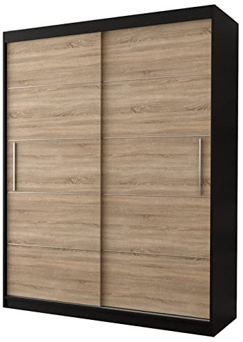 Fabryka Mebli Idźczak Kleiderschrank, Wohnzimmerschrank - Schwarz, Sonoma Schwebetürenschrank, Schlafzimmerschrank - 61 x 150 x 200 cm - Schrank für Schlafzimmer, Wohnzimmer, Garderobe, modern