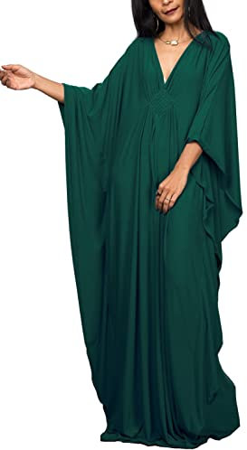 YouKD - Maxi abito lungo da donna, caffettano in stile bohémien, da spiaggia, copricostume da bagno, taglia unica, abbigliamento comodo, a verde, Etichettalia unica