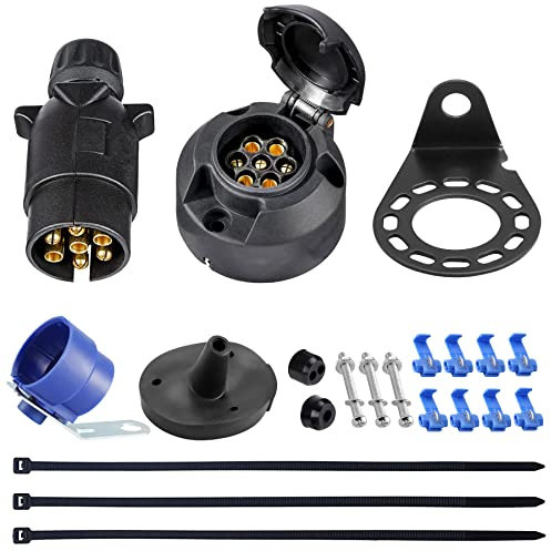 SPARKMOTO Prise Remorque 7 Broches Femelle Et Prise Remorque 7 Broches Male,12V Prise Fiche pour Remorque 7 Broches Étanche,Fiche pour Caravane RV,avec Kit Support de Montage et Joint arrière(SK0702D)