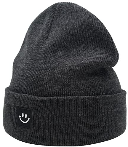 55cube Strick Beanie Mütze mit Smile Face Unisex, anthrazit, Einheitsgröße