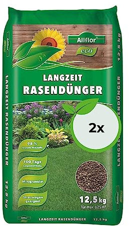Allflor Eco Langzeit Rasendünger 2 x 12,5 kg I Dünger aus hochwertigen wiederverwerteten Rohstoffen I NPK-Dünger für alle Rasensaaten I Dünger fördert ein dichte Grasnarbe | Für max. 1250 m²