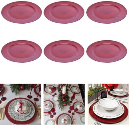 OISE ART STORE Trade Shop - 6 X Sottopiatti Natalizi in Plastica 33cm Decorazioni Natale per La Tavola Rosa