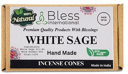 Bless-International White Sage Incense-Cones Handmade-Hand-Dipped Organic-Chemicals-Free for-Purification-Relaxation-Positivity-Yoga-Meditation The-Best-scents (10 Count)