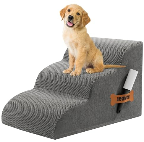 High Density Foam Dog Stairs and Ramp for Bed or Couch, 3-Tiers Pet Steps with Non-Slip Waterproof Cover, Slope Dog Ladder Friendly to Small or Joint Pain Dogs and Cats, Send Pet Hair Remover Roller