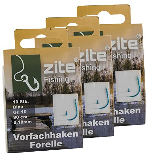 Zite Fishing Vorfach-Haken Forelle Gebunden 30 Stück – Größe 10 Angelhaken mit Vorfach-Schnur – Forellenhaken Blau mit Angelschnur