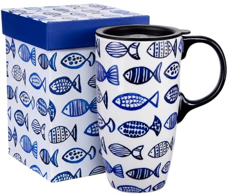 Topadorn Ceramic Travel Mug with Spill-Resistant Lid, 17oz / 500ml Tall Coffee Cup, Suitable for Home, Office, Holiday or Birthday Gift, Fish
